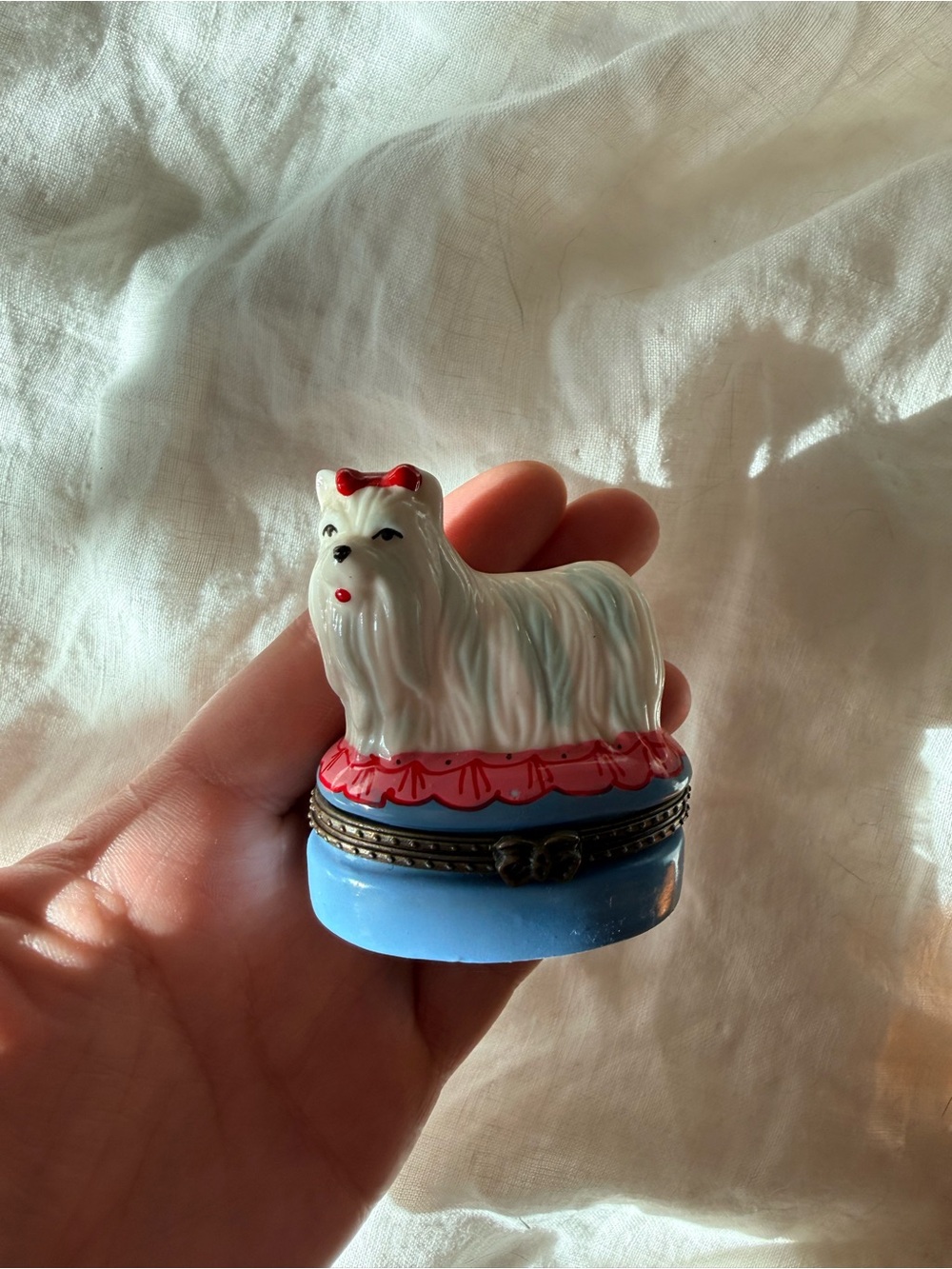 1990s Vintage White Dog Collectible Trinket Box with Bone Trinket